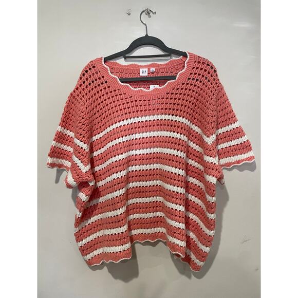 NWT Gap Stripe Short Sleeve Crochet Knit Sweater Top Pink/White Women's Size XXL - Picture 2 of 5